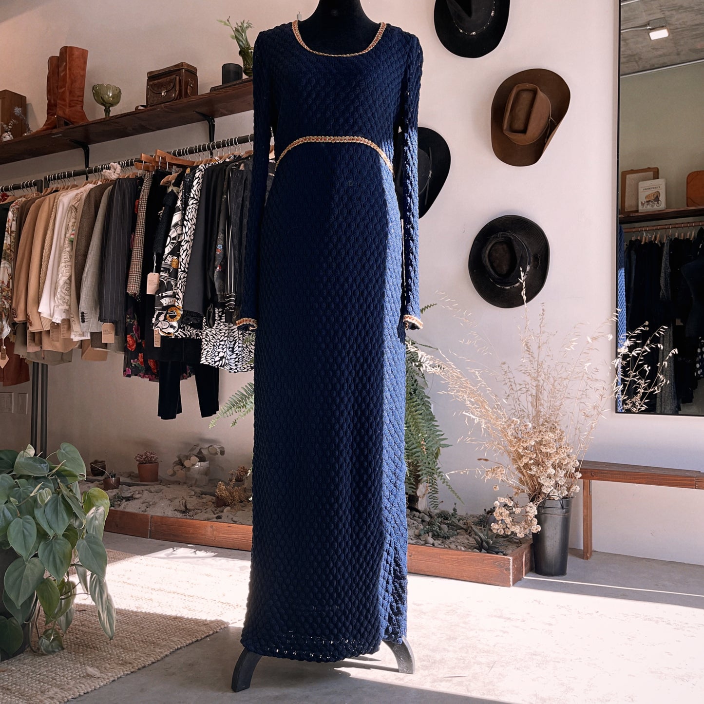 1960s Vintage Navy Knit Scoop Neck Gown
