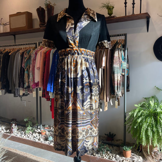 70s Vintage Domino A Line Hippie Dress M