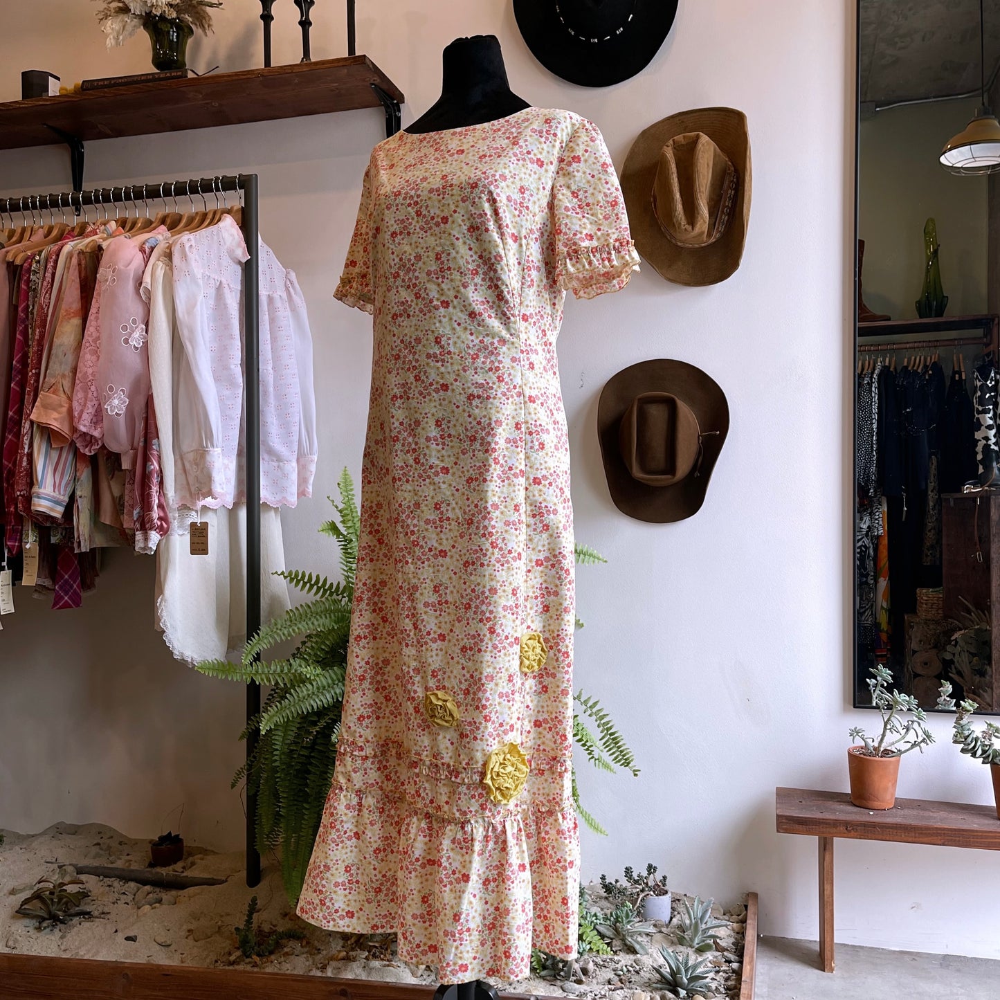 70s Vintage Floral Summer Dress L