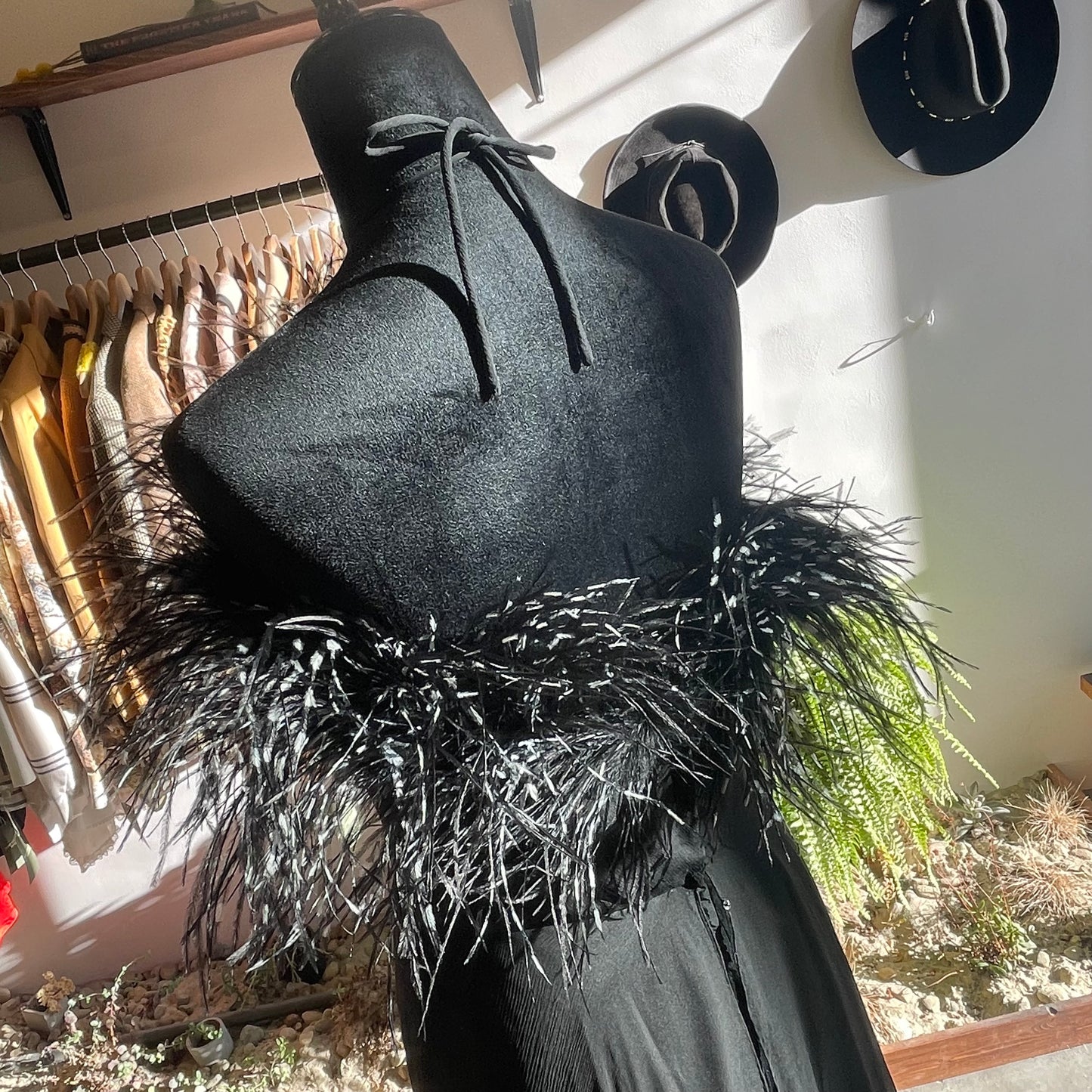 Vintage 70’s Vera Hicks Silk Halter Gown with Feathers