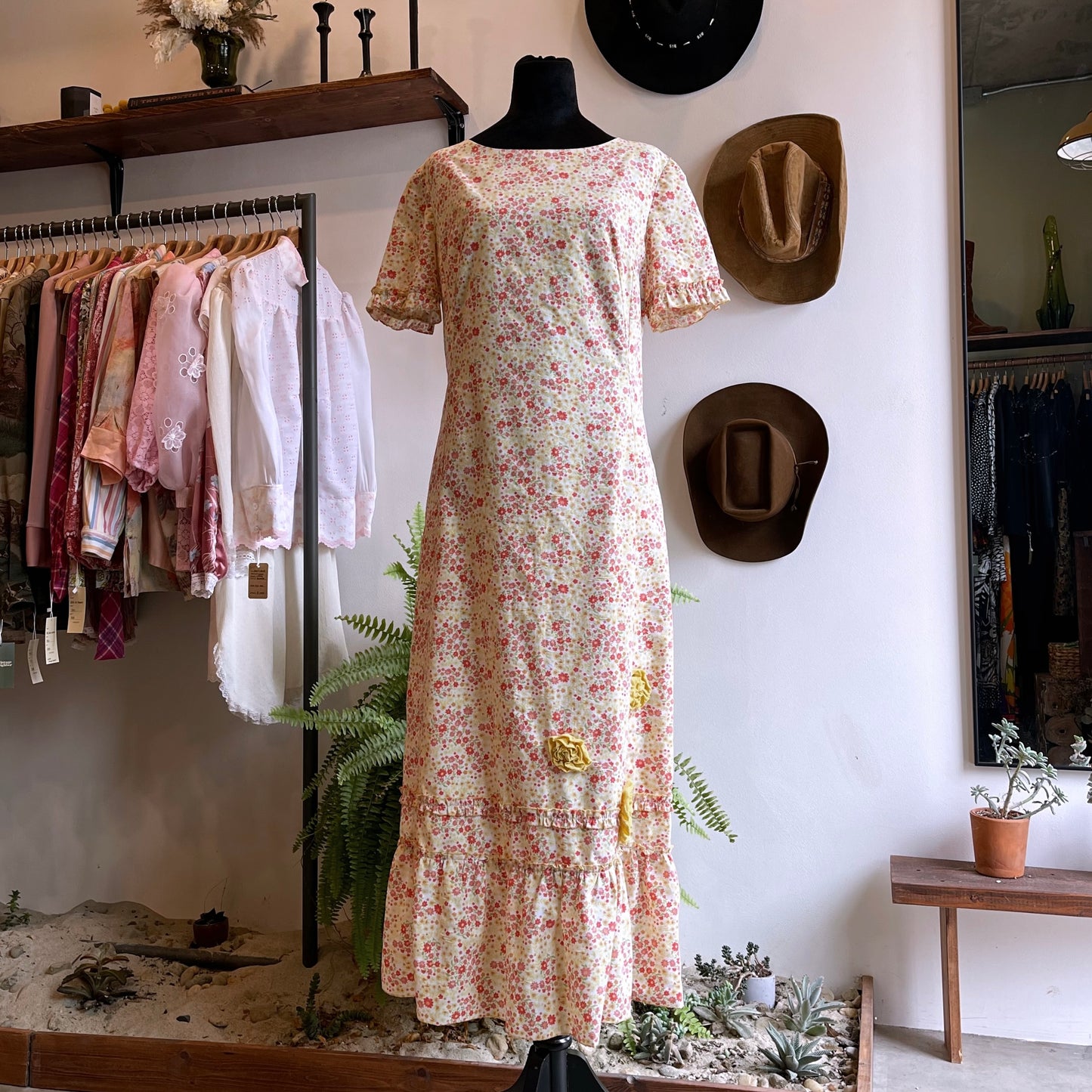 70s Vintage Floral Summer Dress L