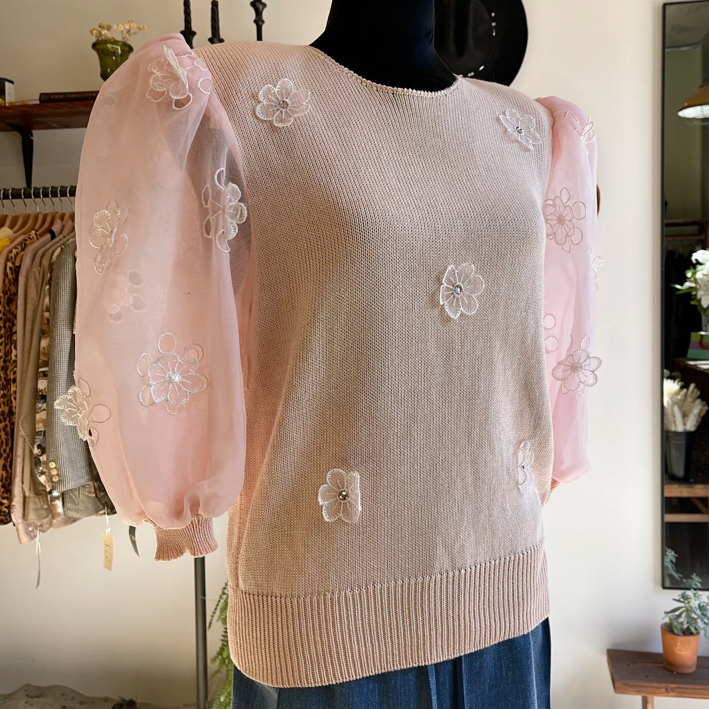 Vintage Diane Delorean Organza Puff Sleeve Knit Blouse 80’s