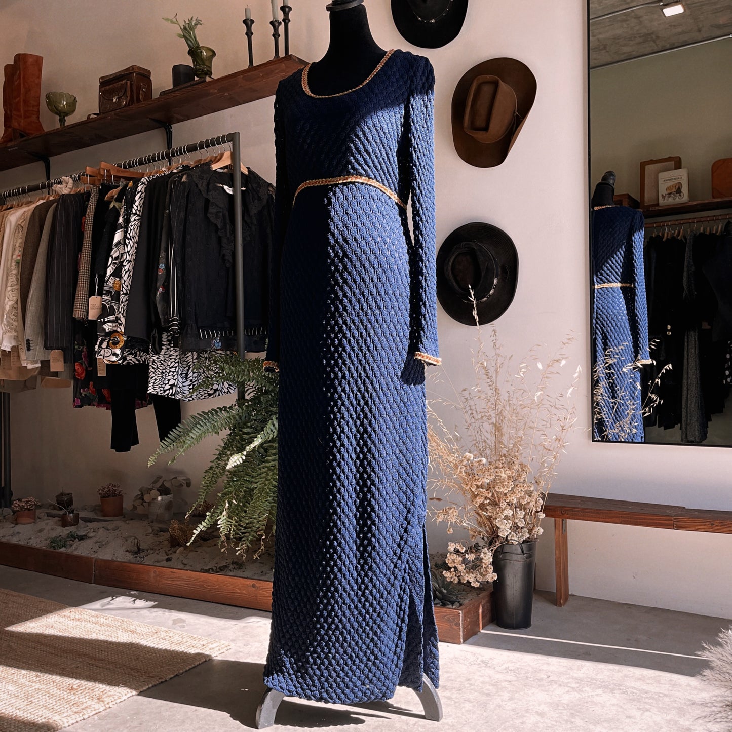 1960s Vintage Navy Knit Scoop Neck Gown