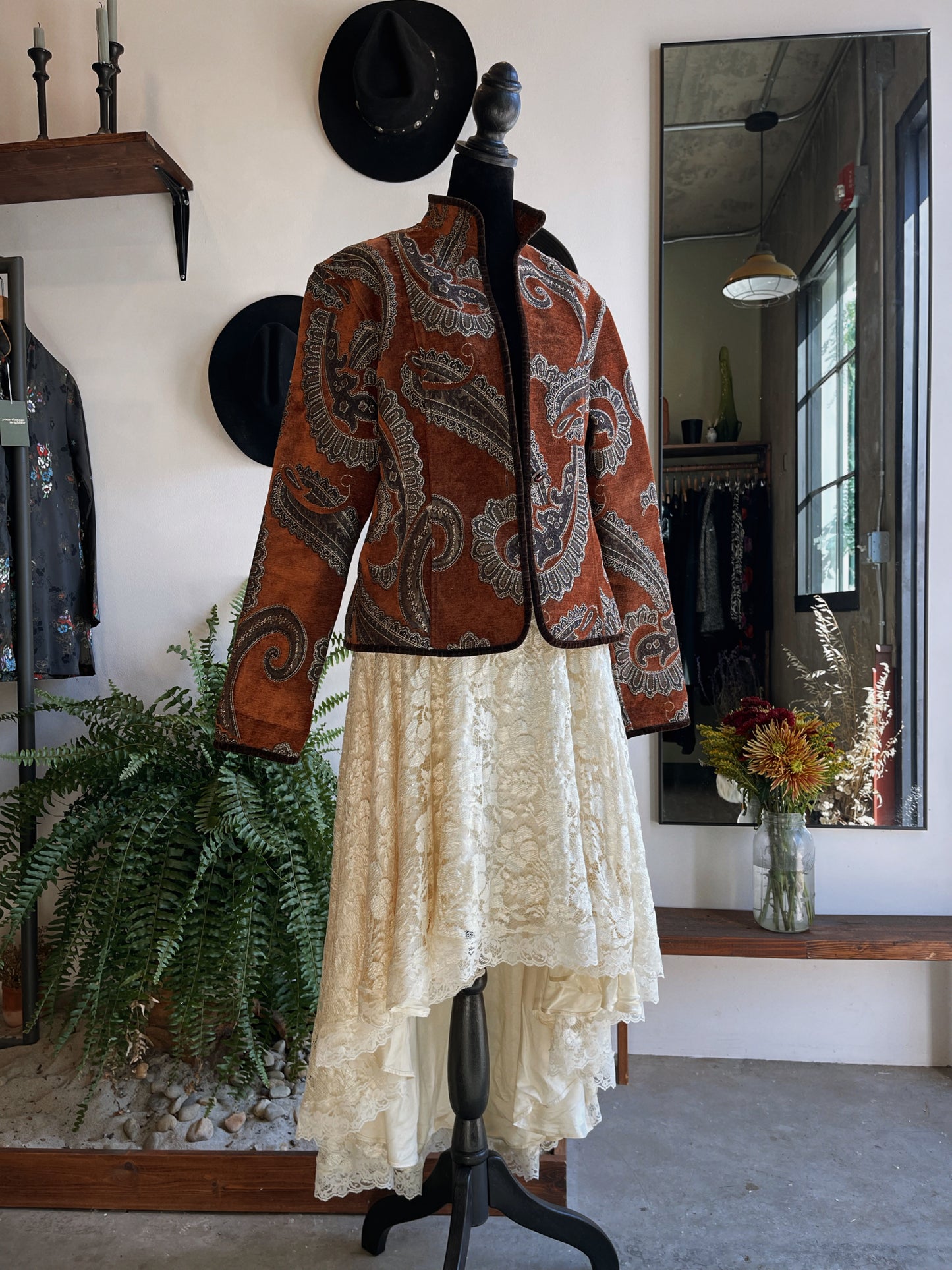 1980s Vintage Rust Metallic Tapestry Coat with Velvet Piping