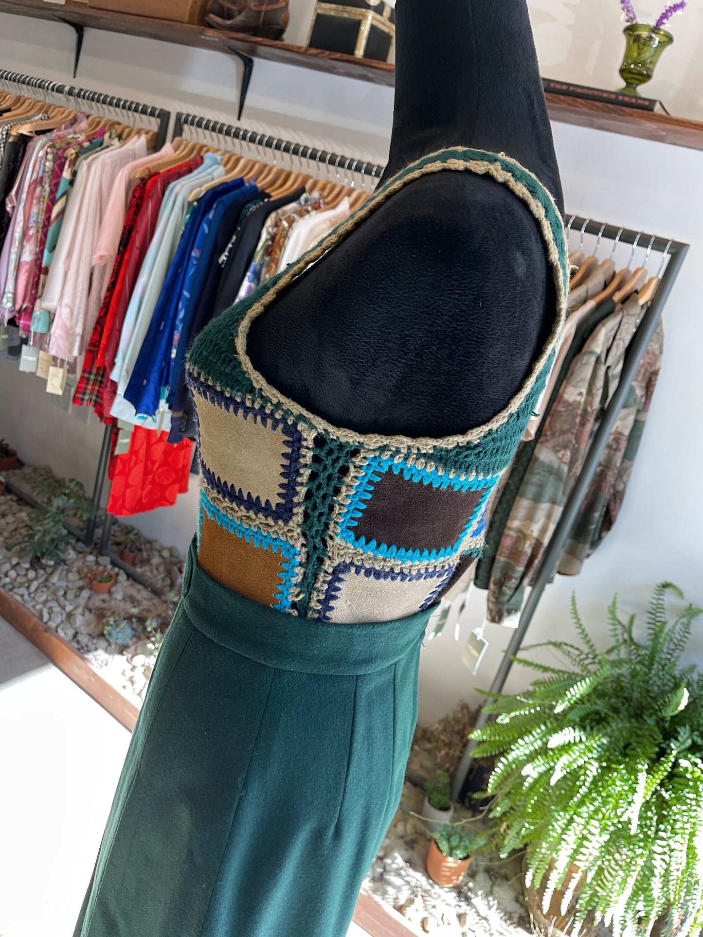 Vintage 70’s Charlie’s Patchwork Crochet Knit Suede Top