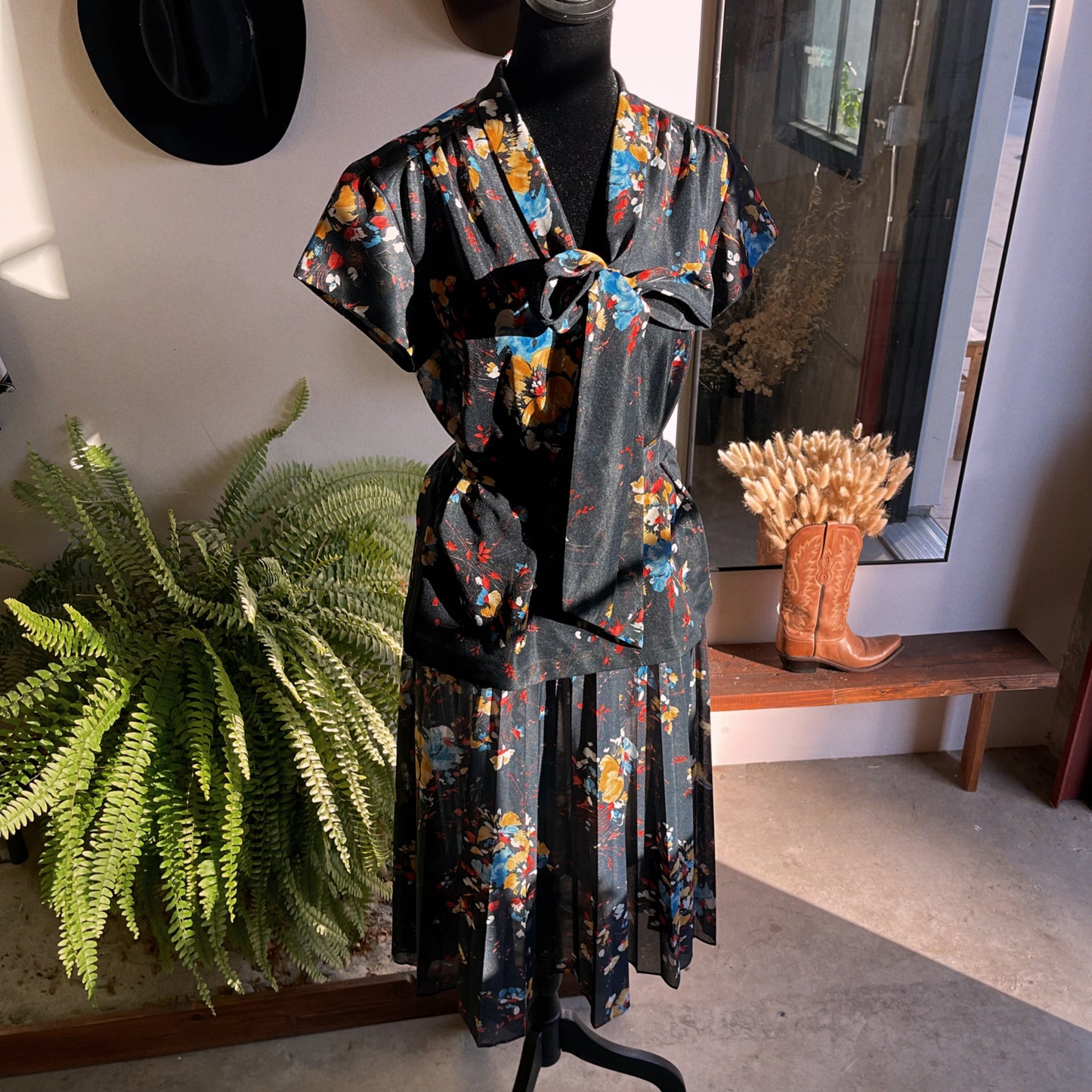1970s Black Floral 3 Pc. Skirt Set Unionmade