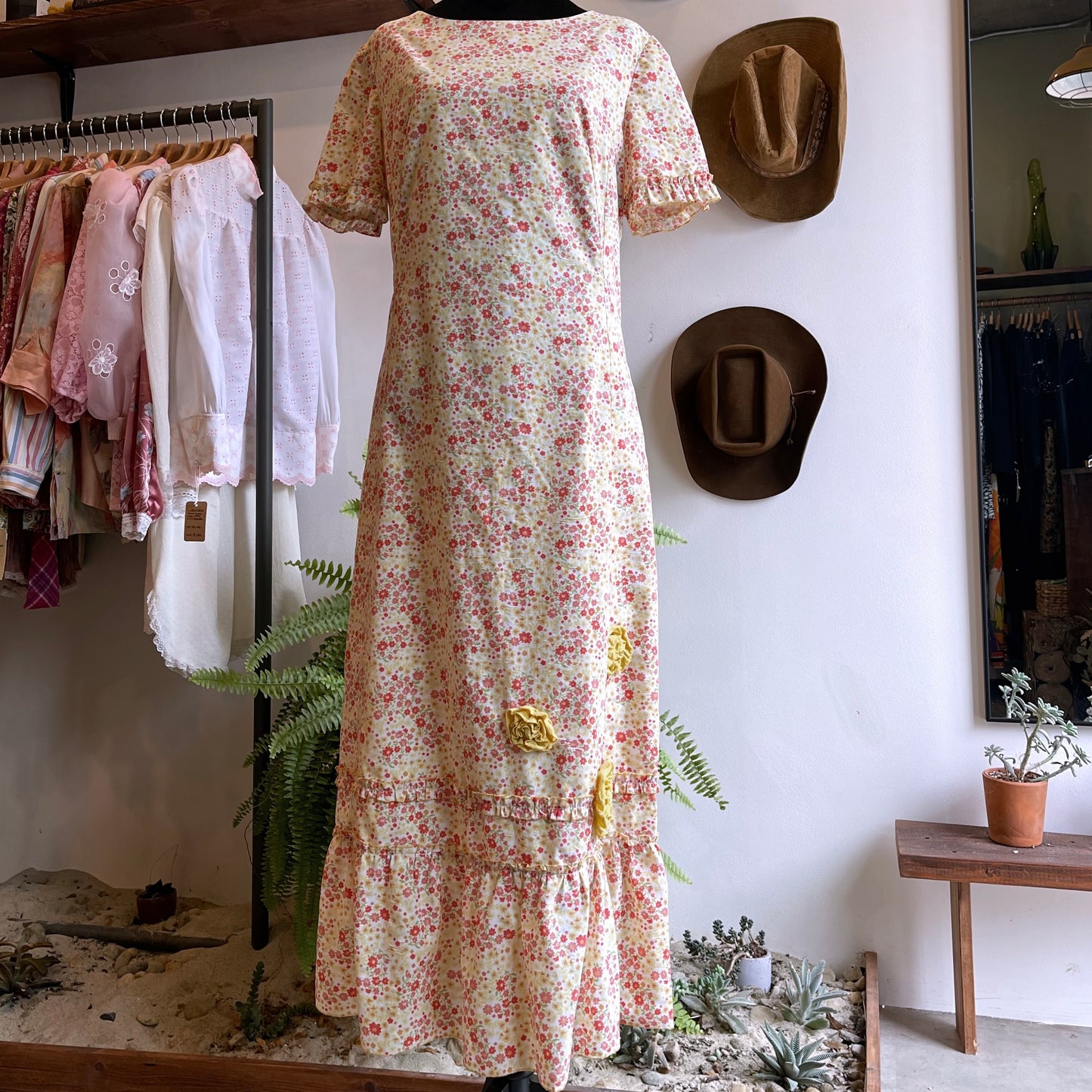 70s Vintage Floral Summer Dress L