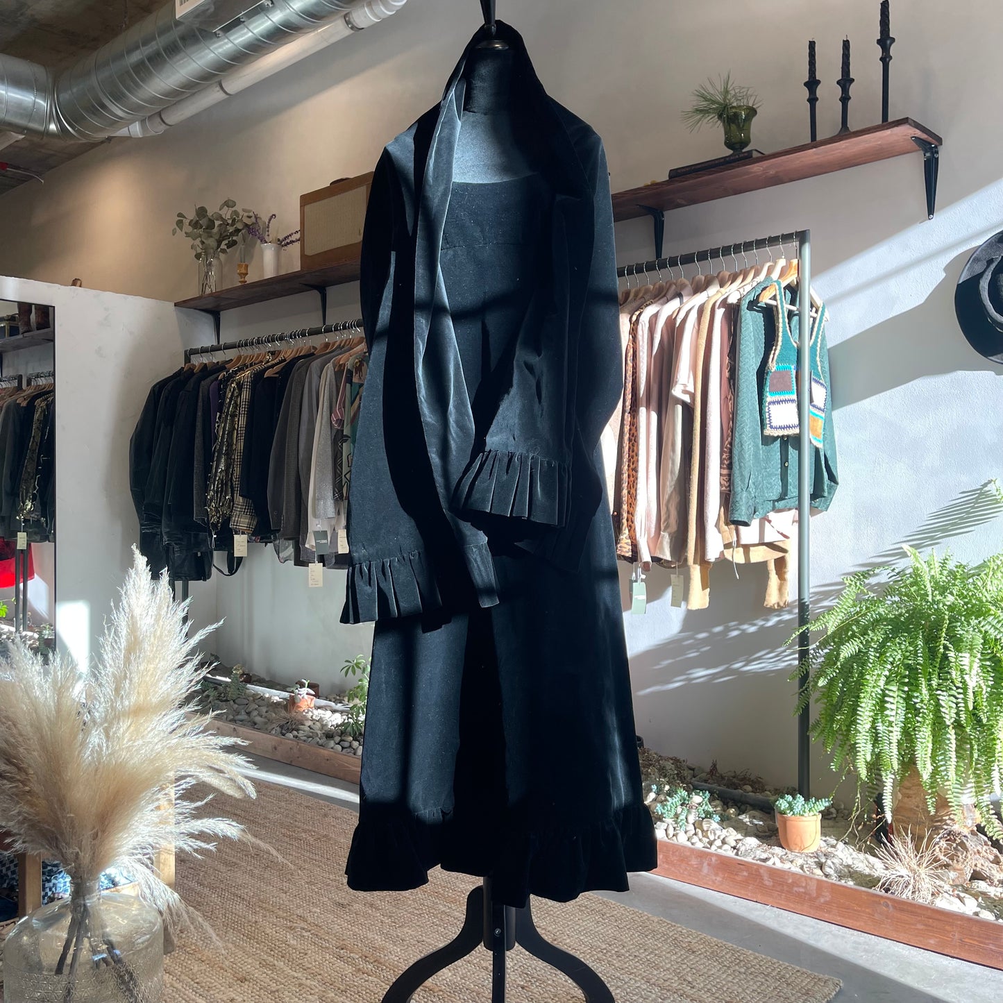 Vintage Handmade Black Velvet Dress with Shawl
