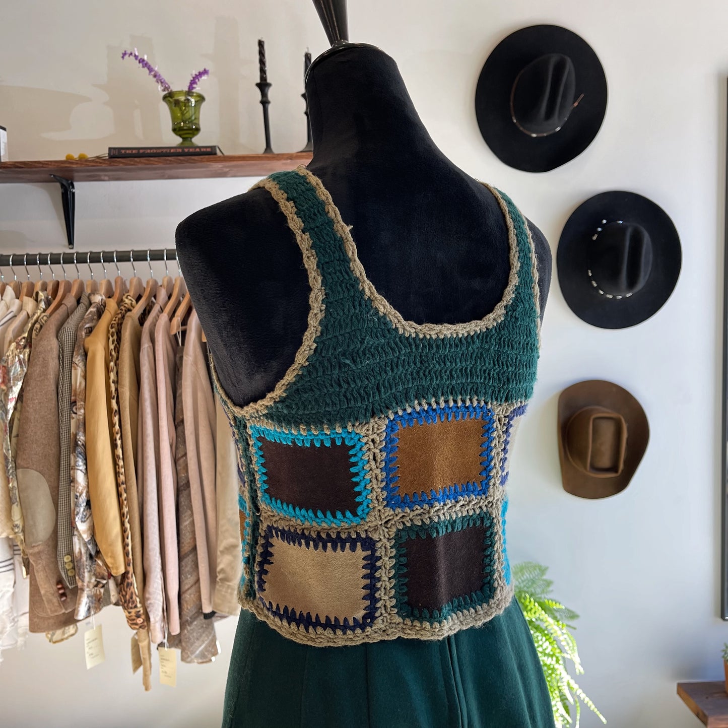 Vintage 70’s Charlie’s Patchwork Crochet Knit Suede Top
