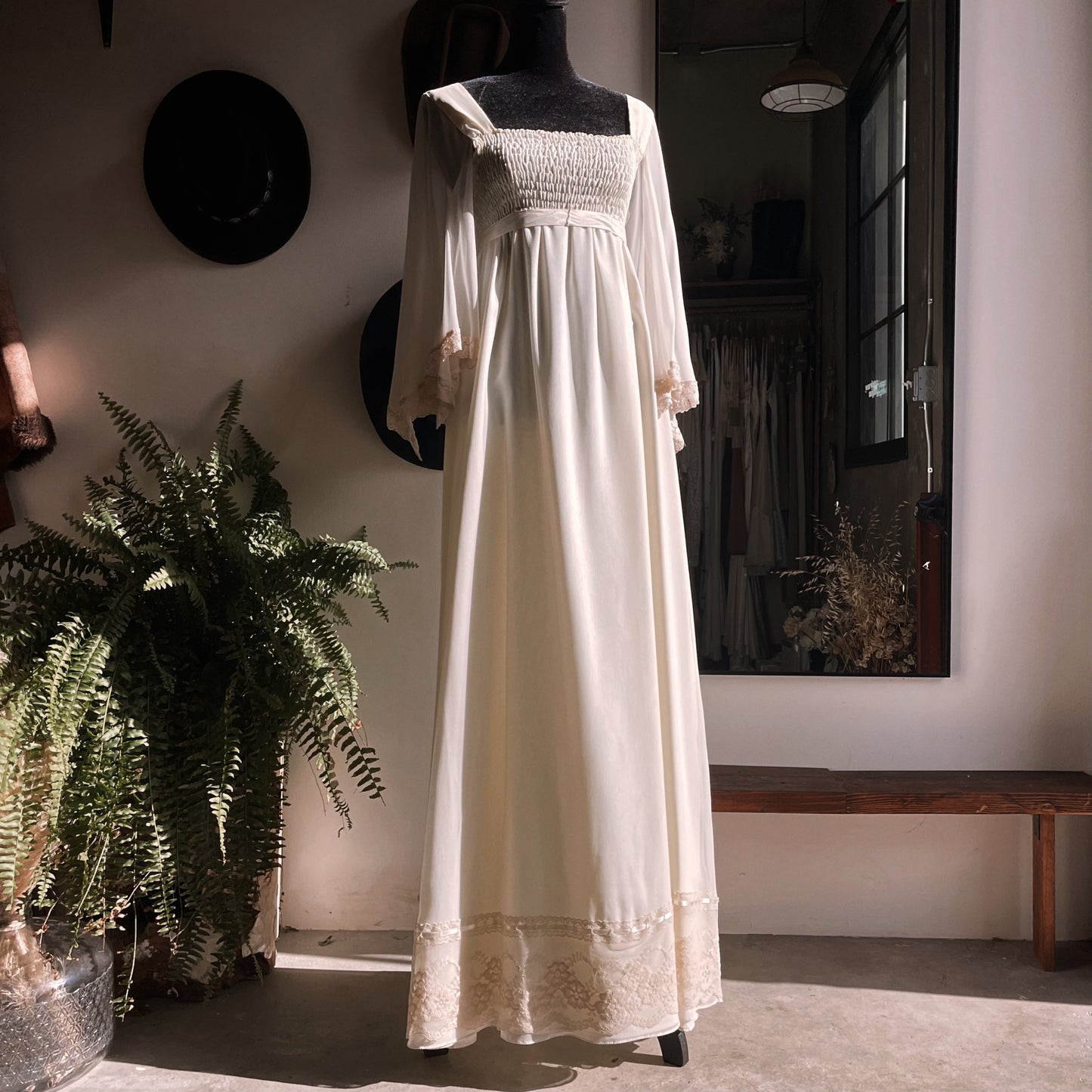 Vintage 1970s Joseph Magnin Flutter Sleeve Gown