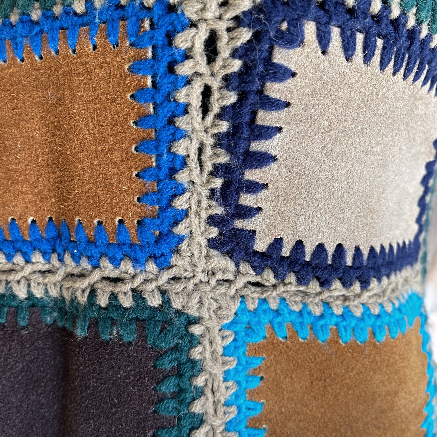 Vintage 70’s Charlie’s Patchwork Crochet Knit Suede Top