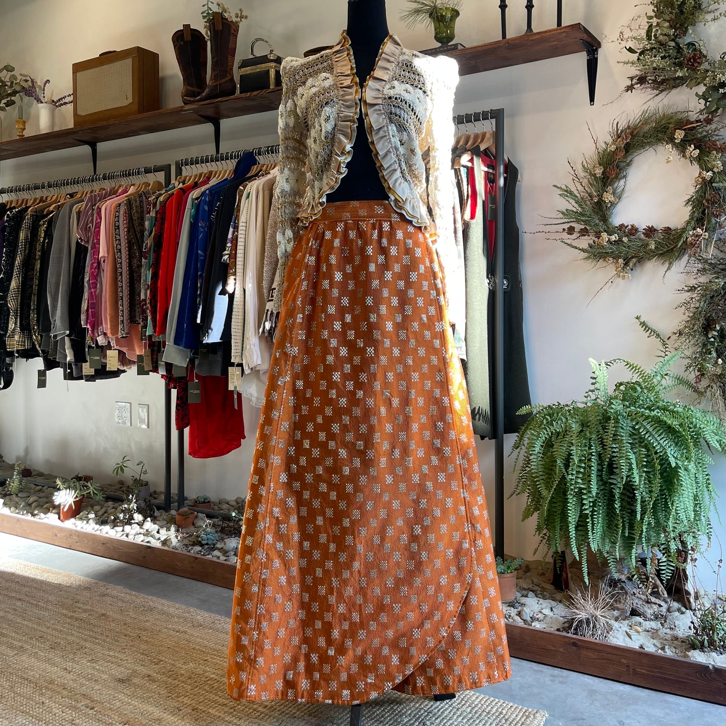 70s Vintage Raw Silk Skirt L