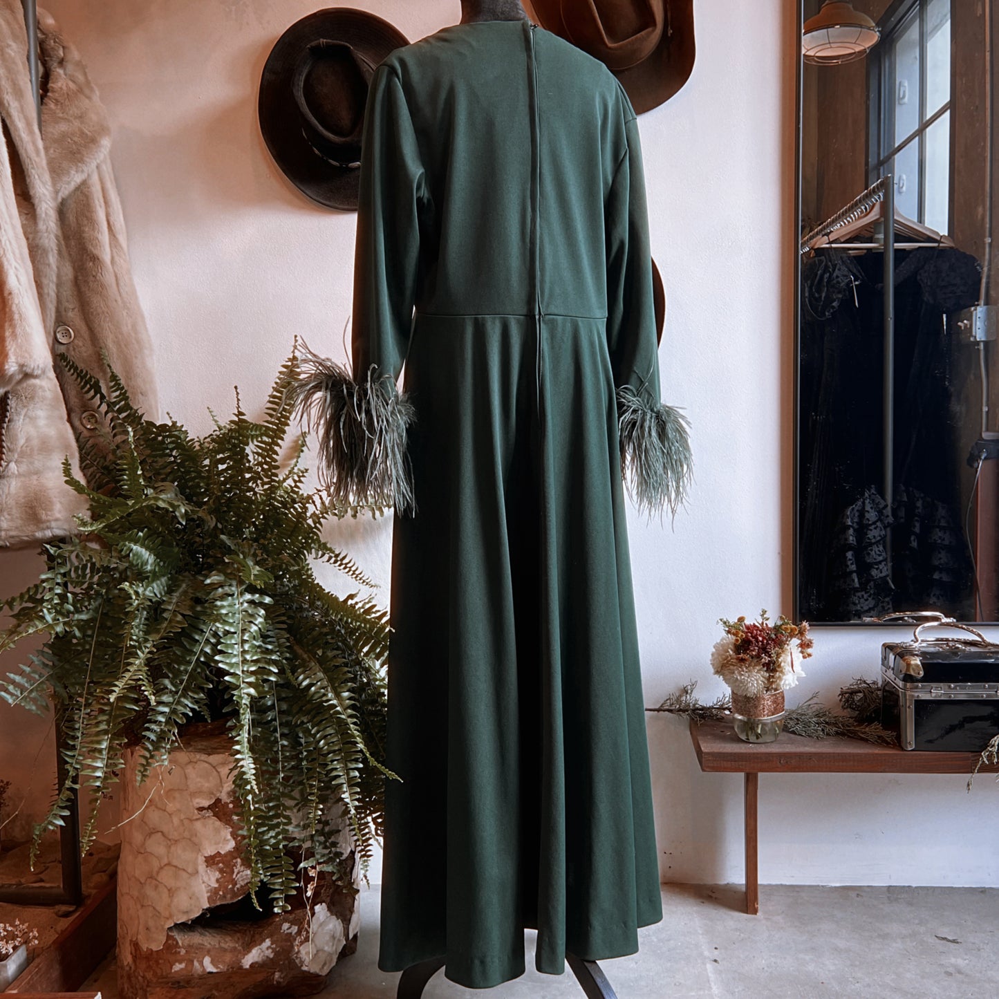 1960s Vintage Knit Gown with Ostrich Feather in Green