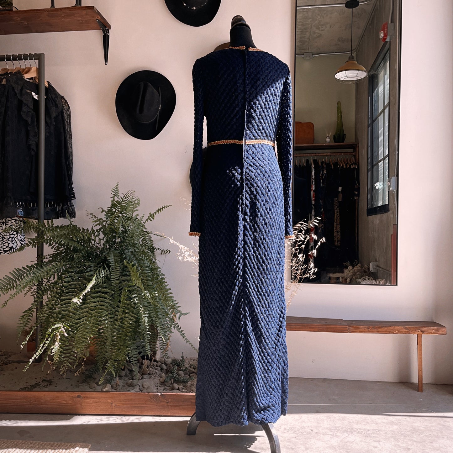 1960s Vintage Navy Knit Scoop Neck Gown
