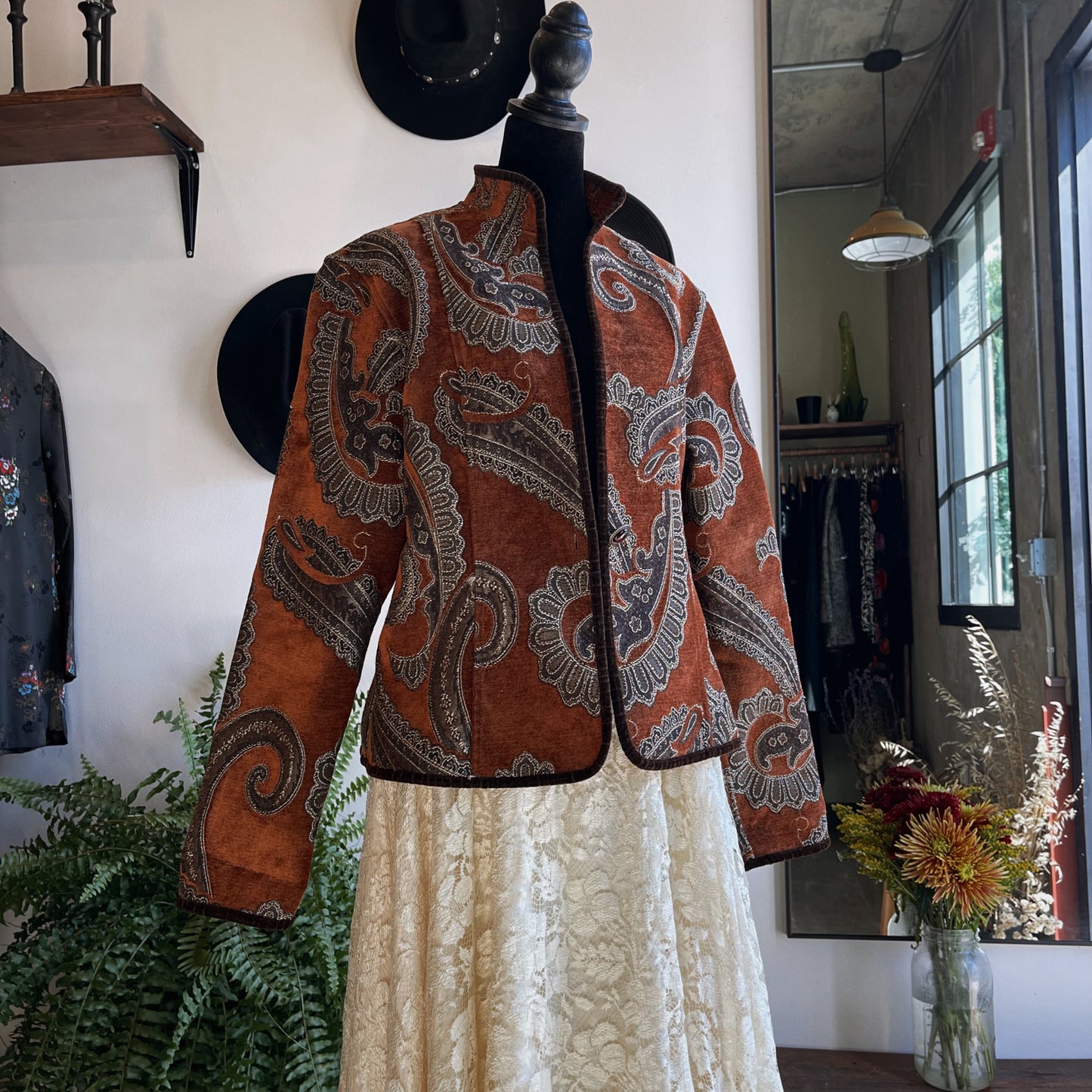 1980s Vintage Rust Metallic Tapestry Coat with Velvet Piping