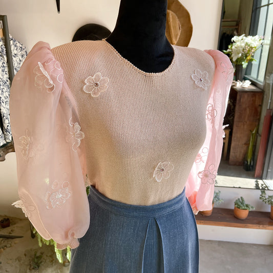 Vintage Diane Delorean Organza Puff Sleeve Knit Blouse 80’s