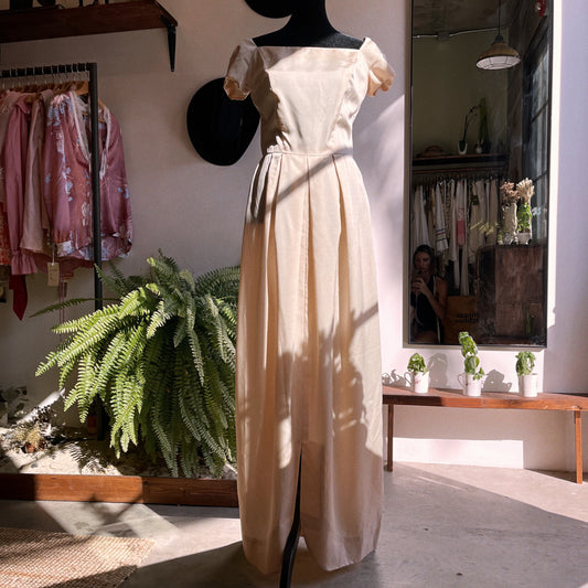 60s Vintage Satin Gown in Peach with Boning S / M