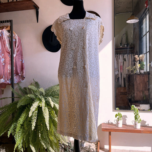 60s Vintage Sleeveless Lace Double Breasted Dress or Vest L / XL