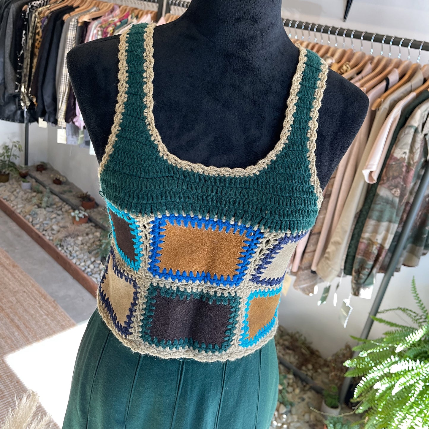 Vintage 70’s Charlie’s Patchwork Crochet Knit Suede Top