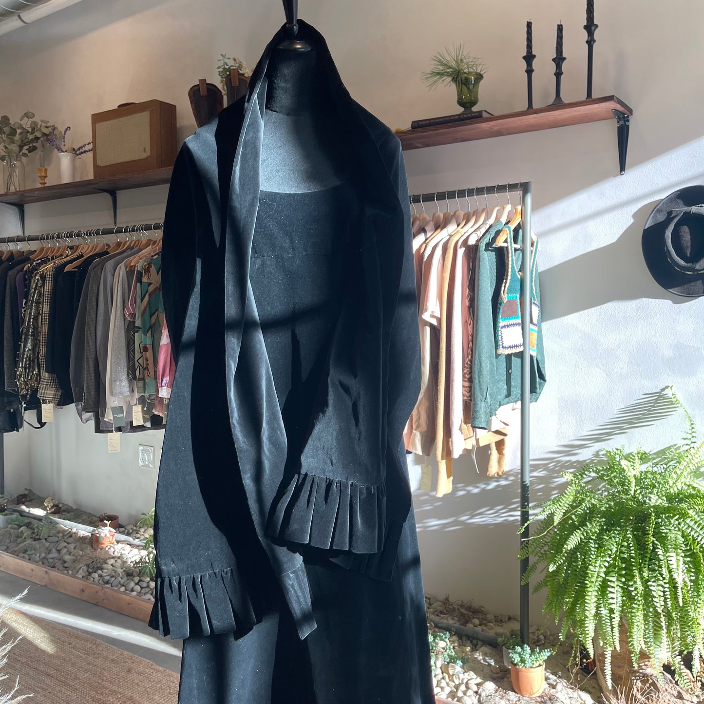 Vintage Handmade Black Velvet Dress with Shawl