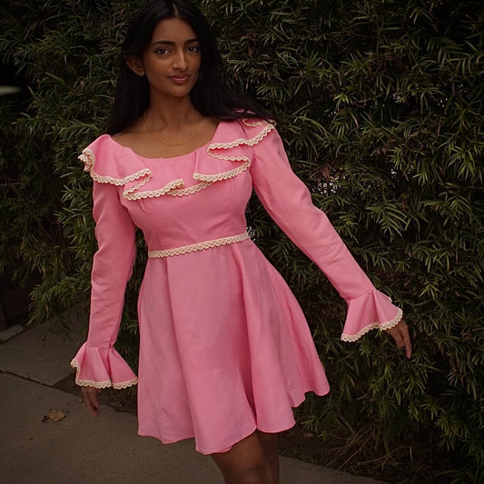 Vintage Prairie Cottagecore Mini Dress in Pink 70’s - SHOP EZRA