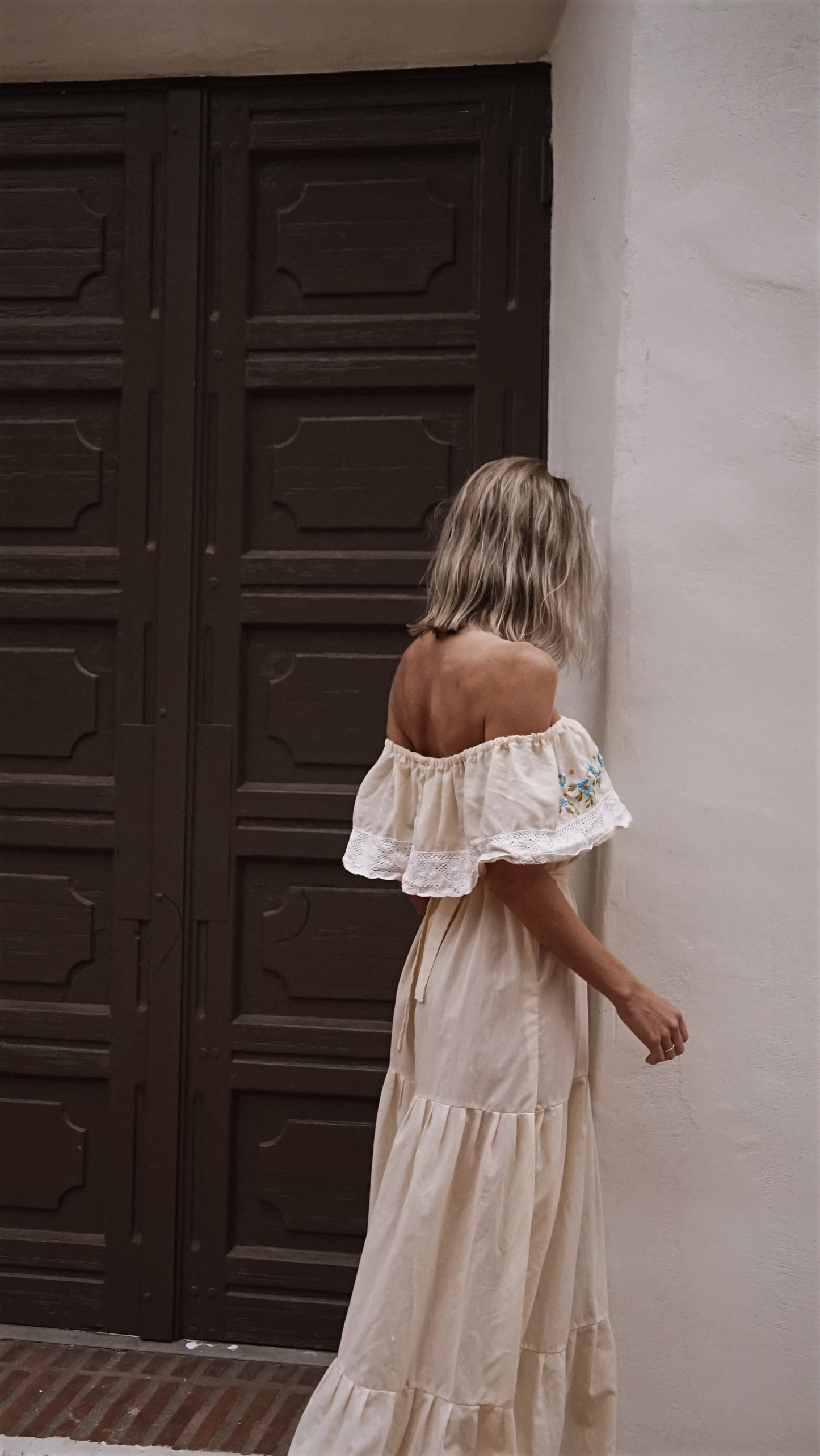 Vintage Traditional Tiered Dress by Hail in Creme with Floral Embroidery - SHOP EZRA