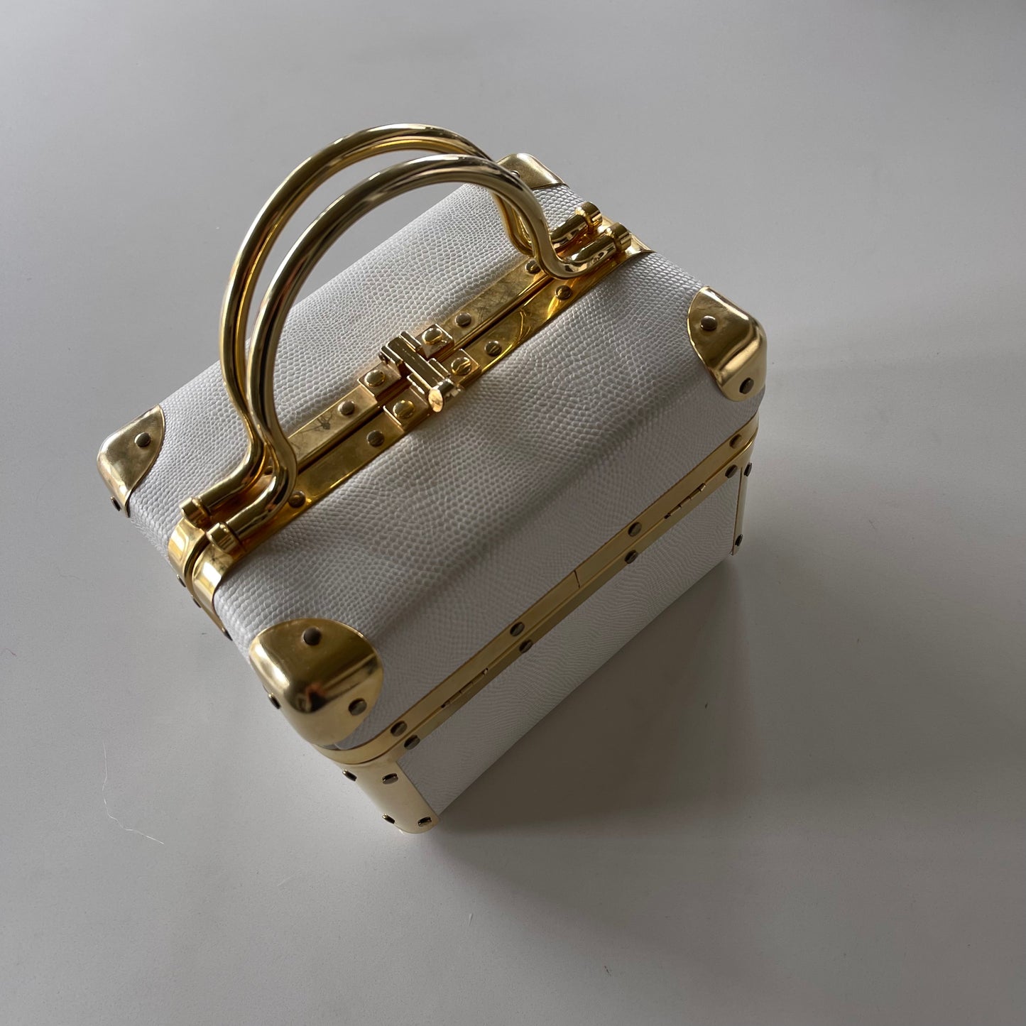 Vintage 60’s Trunk Bag in White Leather with Gold Hardware by Lizette New York - SHOP EZRA