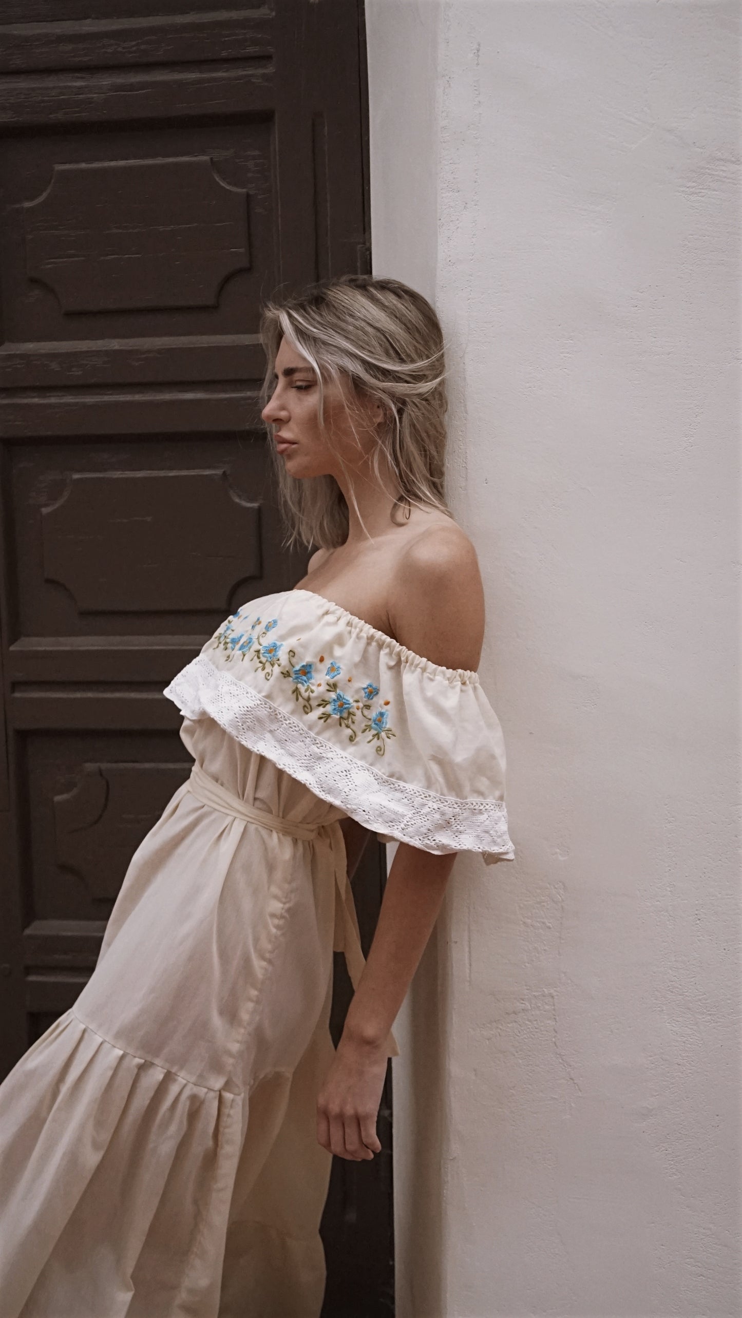 Vintage Traditional Tiered Dress by Hail in Creme with Floral Embroidery - SHOP EZRA