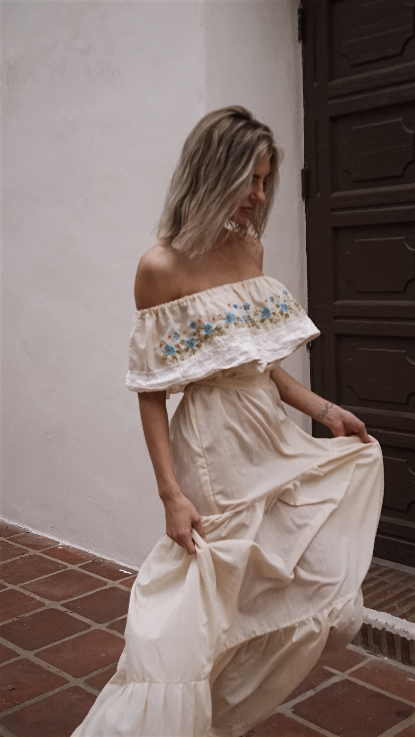 Vintage Traditional Tiered Dress by Hail in Creme with Floral Embroidery - SHOP EZRA