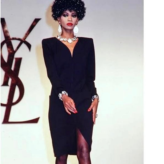 1984 Vintage Yves Saint Laurent Long Sleeve Black Dress Lace Accents