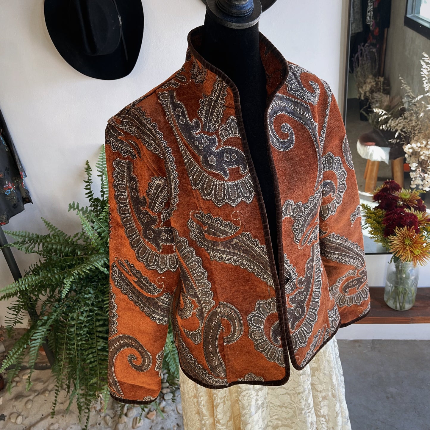 1980s Vintage Rust Metallic Tapestry Coat with Velvet Piping