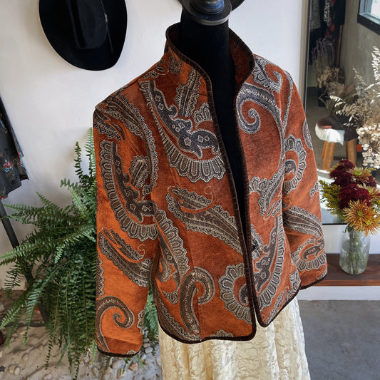 1980s Vintage Rust Metallic Tapestry Coat with Velvet Piping