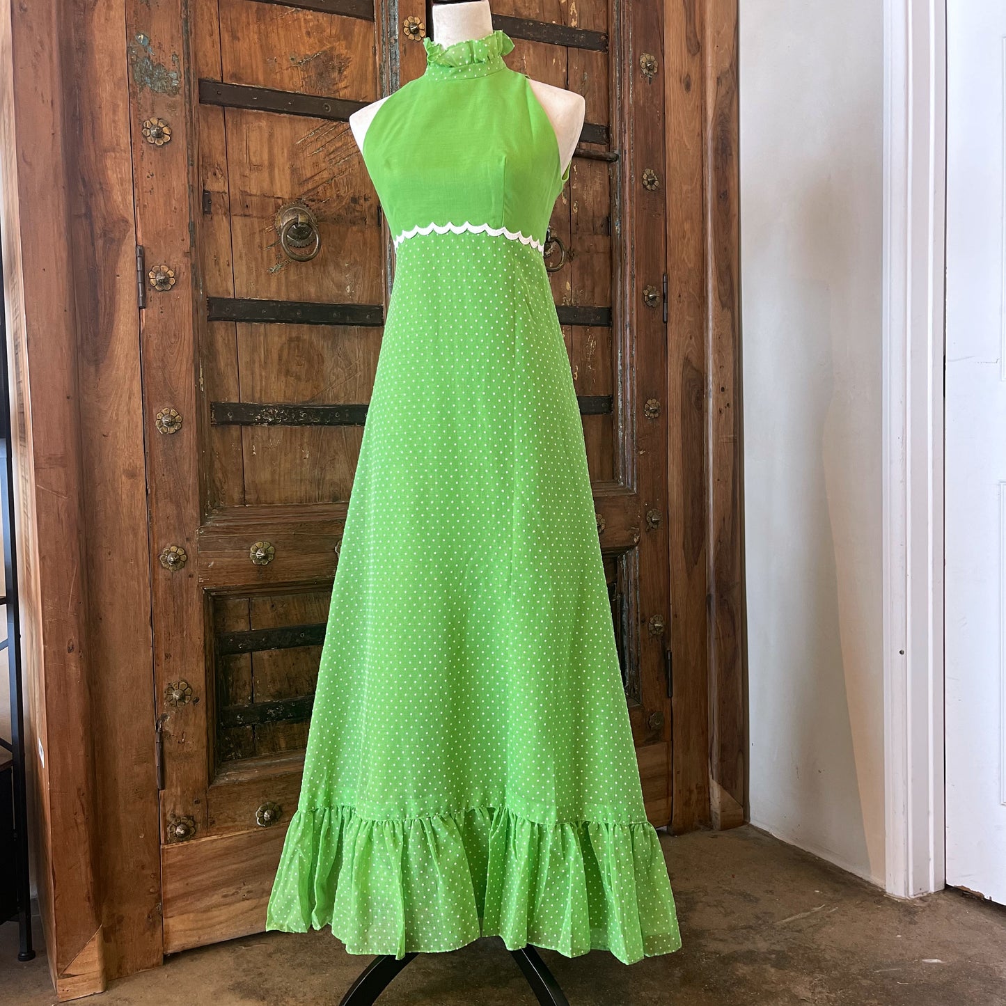 1970s Vintage Swiss Dot Chiffon Gown