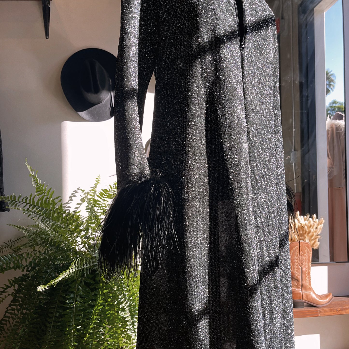 1970s Loll Ease Lurex Gown with Ostrich Feathers