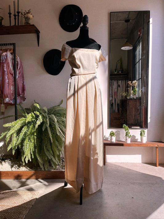 60s Vintage Satin Gown in Peach with Boning S / M