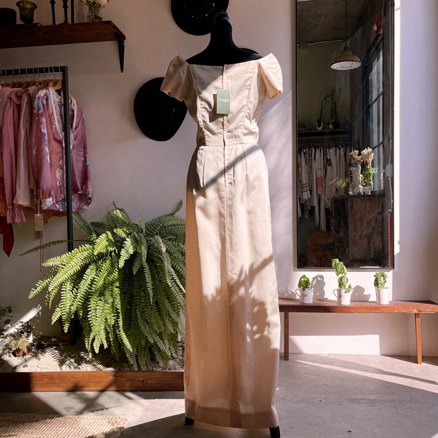 60s Vintage Satin Gown in Peach with Boning S / M