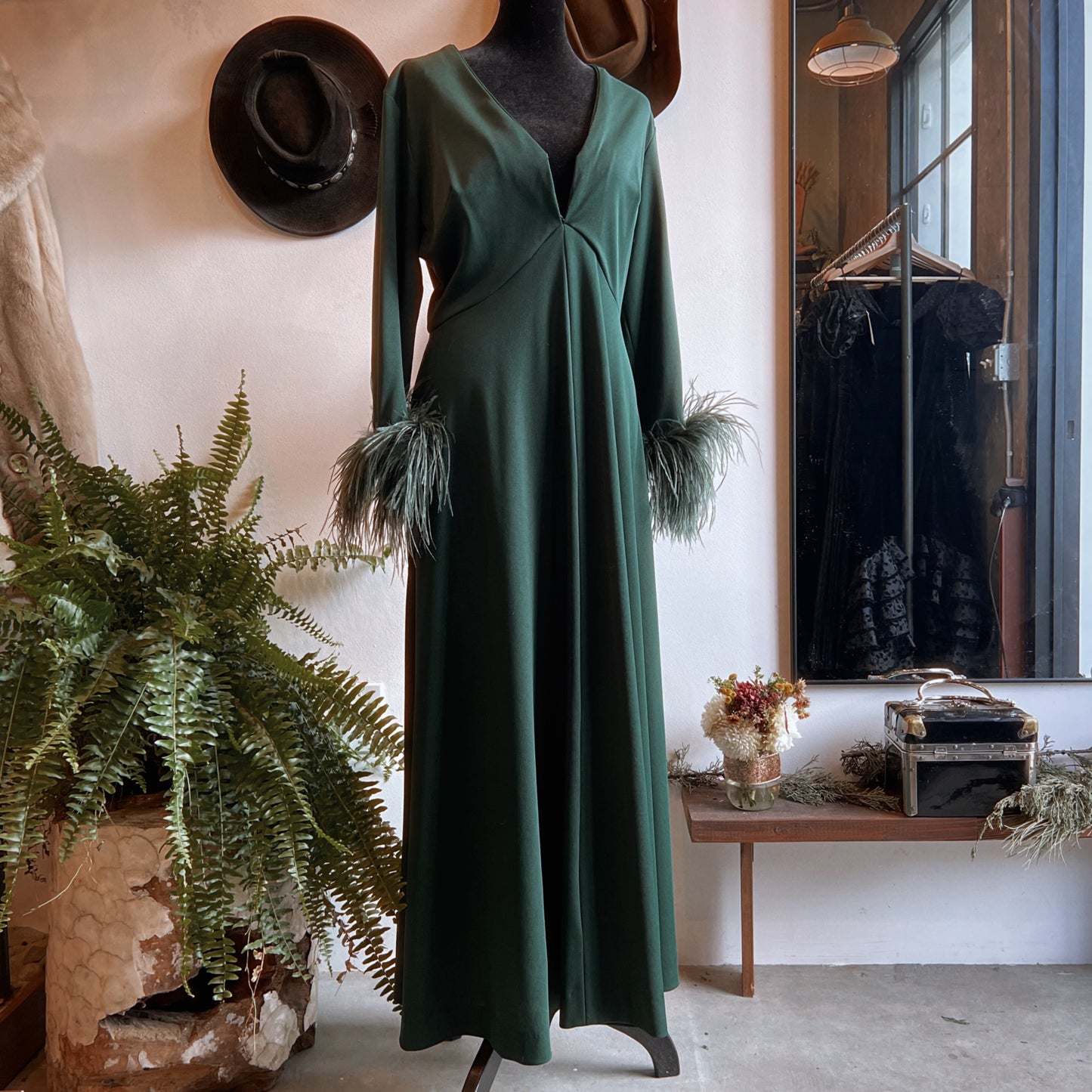 1960s Vintage Knit Gown with Ostrich Feather in Green