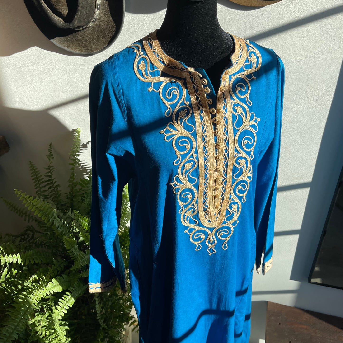 Vintage Traditional Moroccan Kaftan Cotton Embroidered Blue