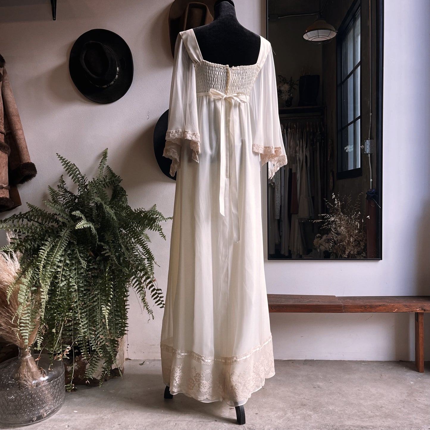 Vintage 1970s Joseph Magnin Flutter Sleeve Gown