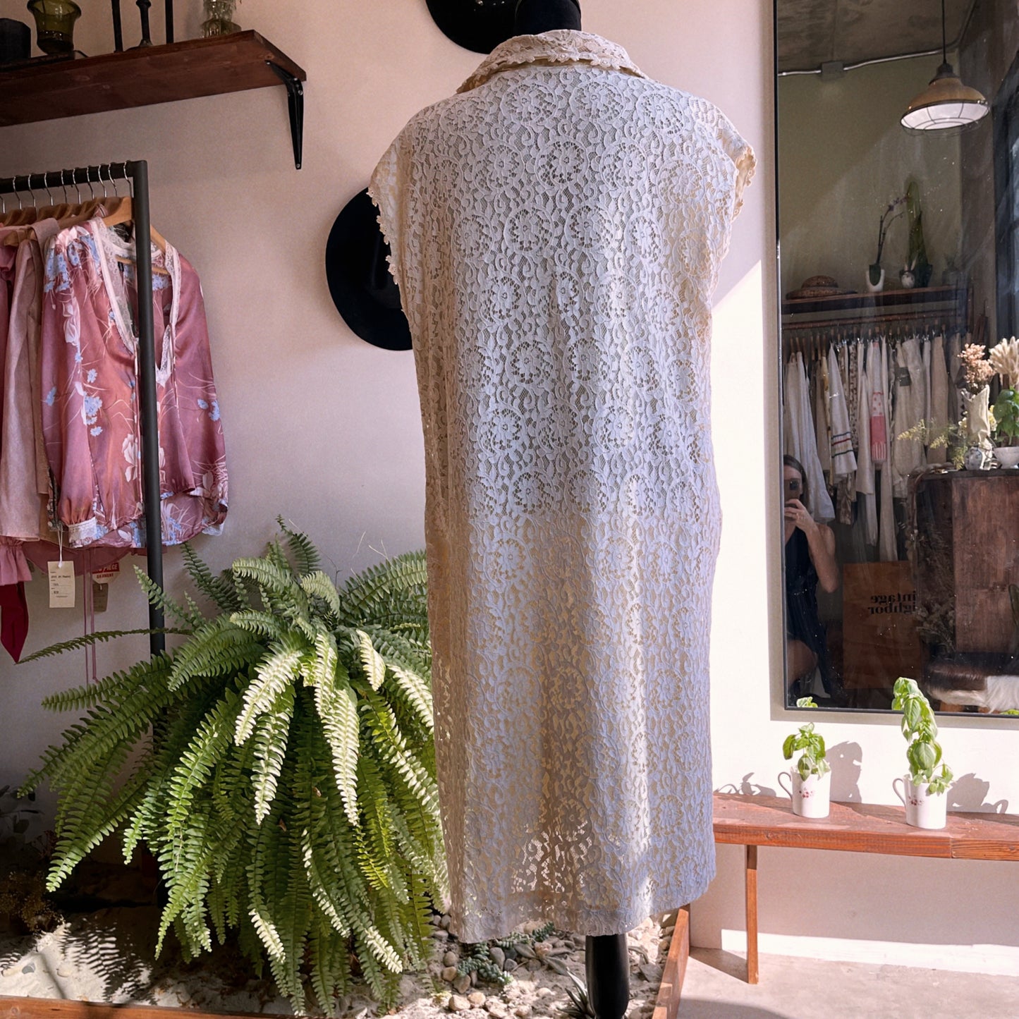 60s Vintage Sleeveless Lace Double Breasted Dress or Vest L / XL