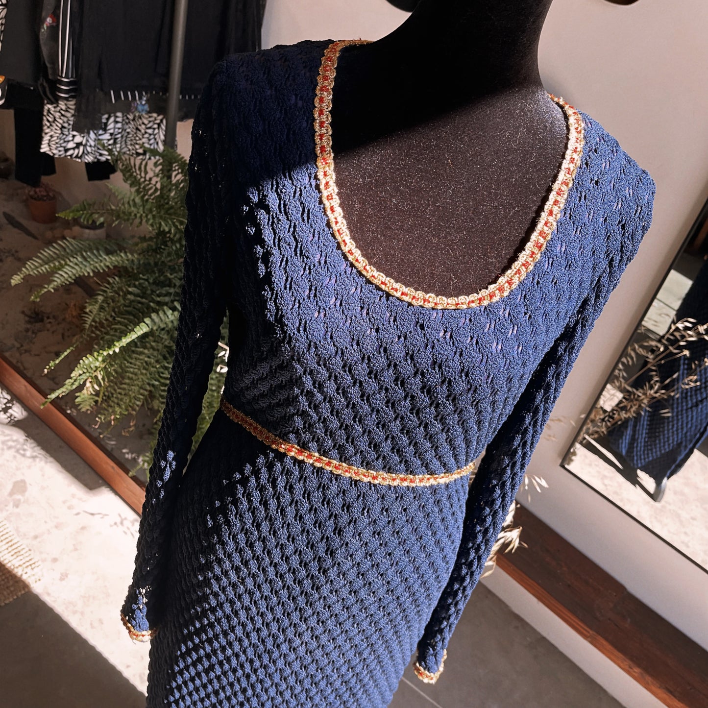 1960s Vintage Navy Knit Scoop Neck Gown