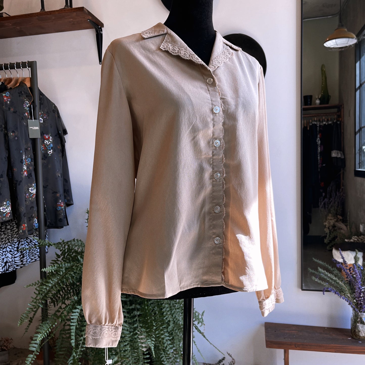 1970s Vintage Tan with Lace Hem Blouse