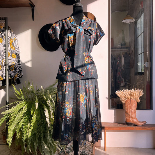 1970s Black Floral 3 Pc. Skirt Set Unionmade