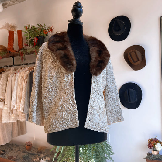 Vintage Antique Ribbon Coat with Mink Fur Collar