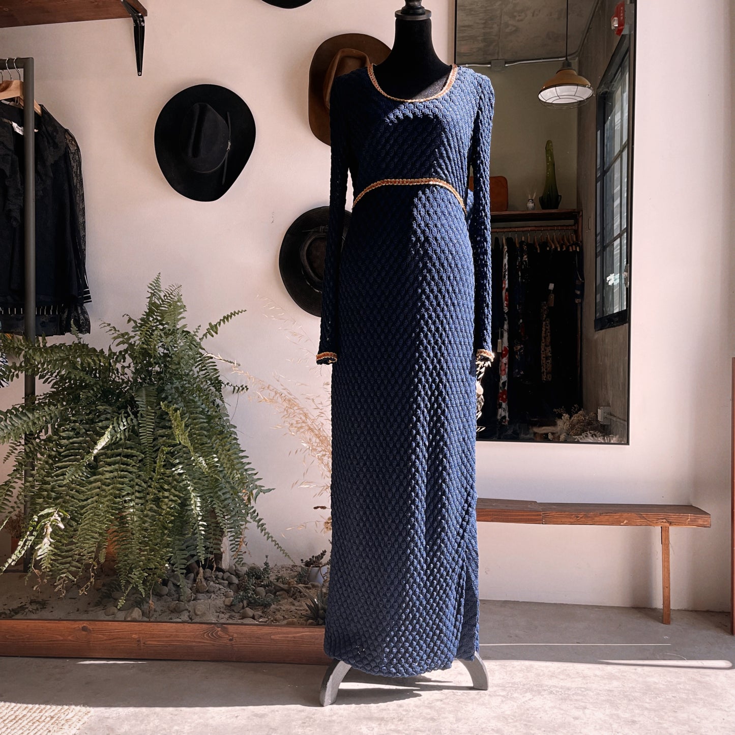 1960s Vintage Navy Knit Scoop Neck Gown