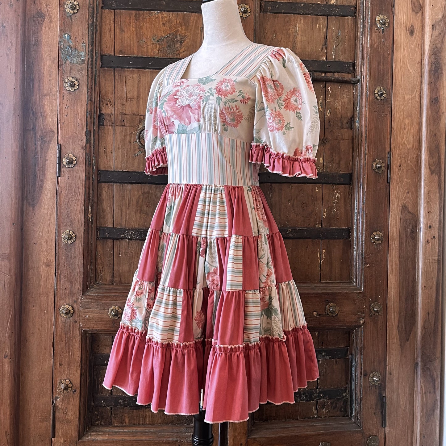 1960s Vintage Square Dancing Tiered Floral Cotton Ruffle Dress