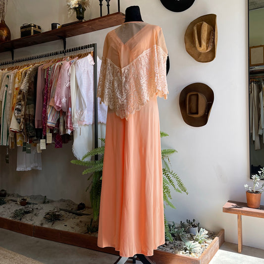 70’s Vintage sleeveless Gown with Silk Lace Cape