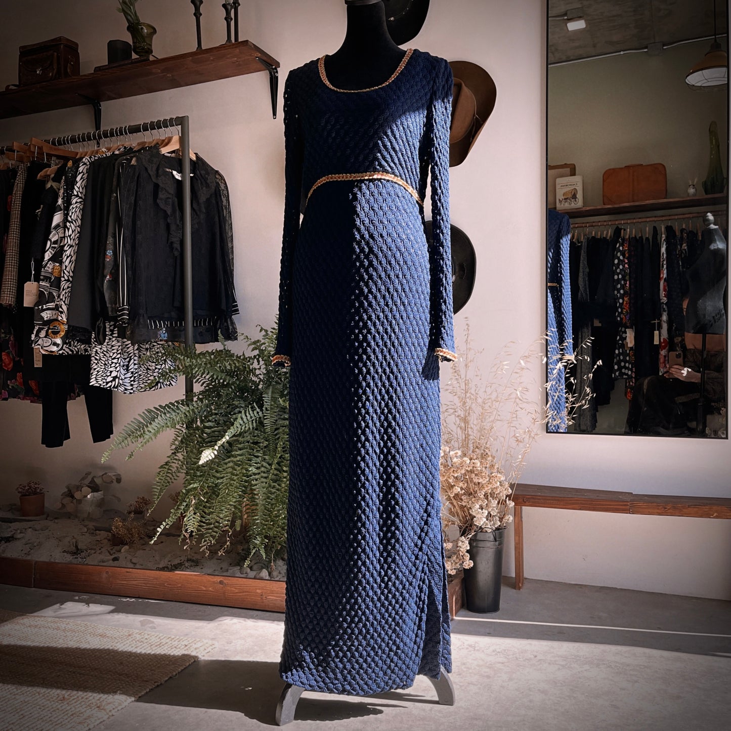 1960s Vintage Navy Knit Scoop Neck Gown