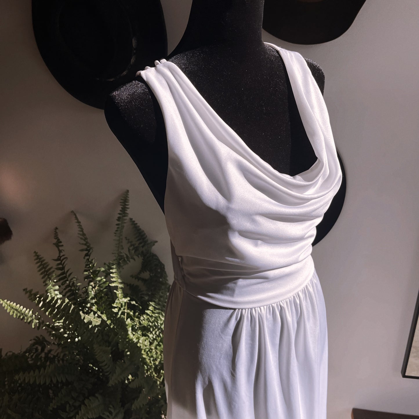 1970s Vintage Vicky Vaughn Cowl Neck Low Black Slip Dress