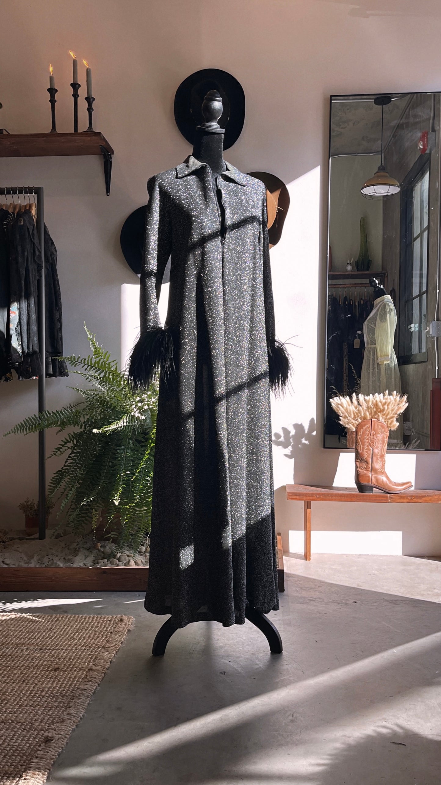 1970s Loll Ease Lurex Gown with Ostrich Feathers